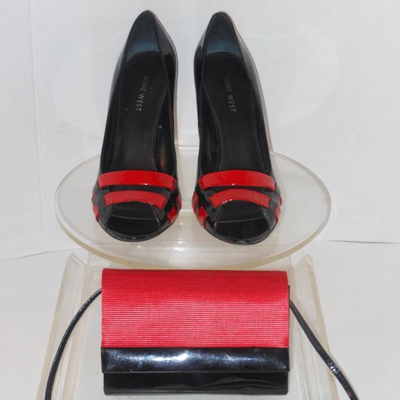 NINE WEST BLACK AND RED LEATHER OPEN TOE PUMPS SIZ - Picture 1 of 5